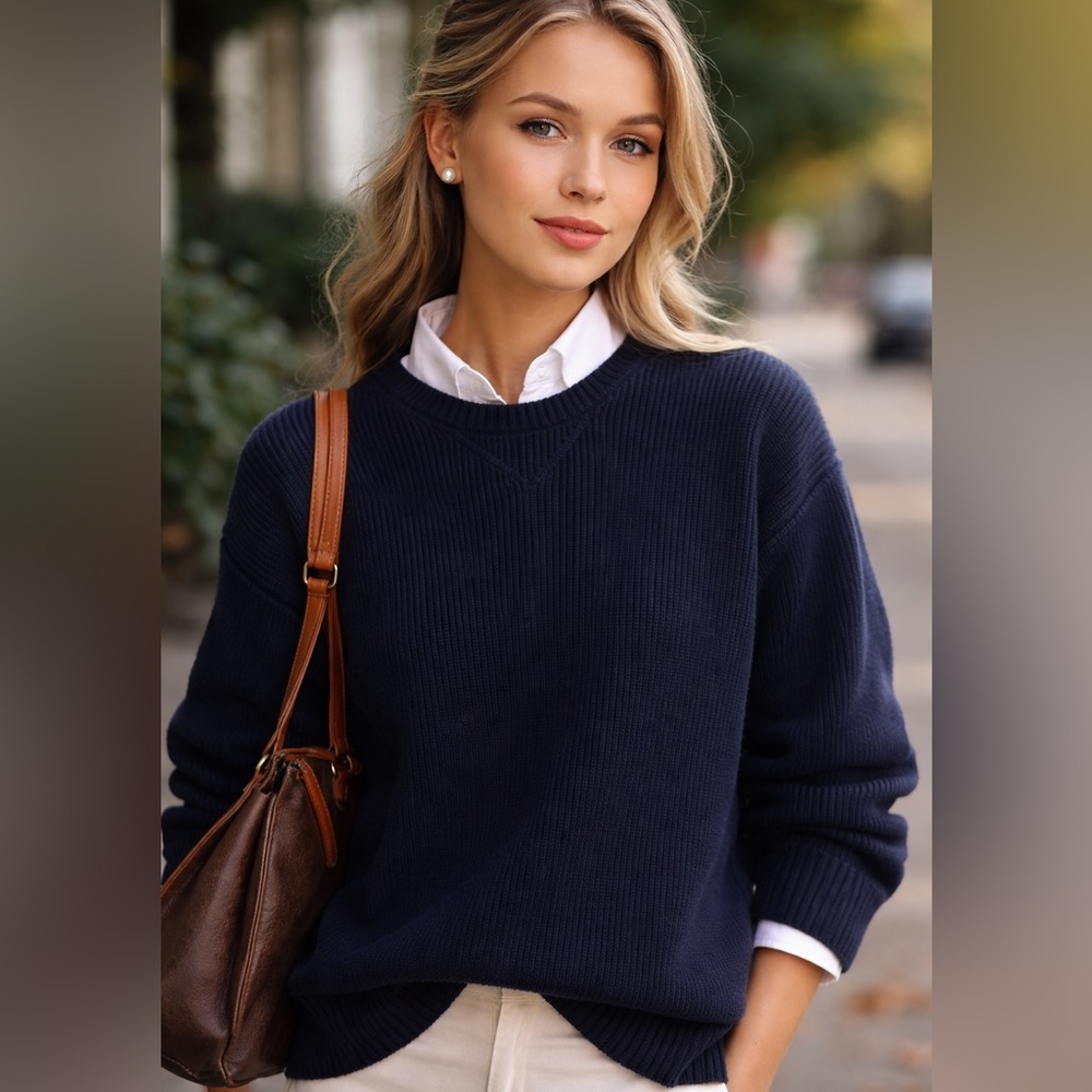 Eddie Bauer Navy Ribbed Cotton Sweater M Fisherman Knit Vintage Preppy boxy